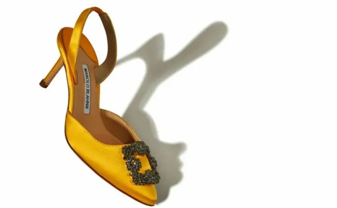 Pumps Women Manolo Blahnik HANGISLIYellow Satin Jewel Buckle Slingback Pumps