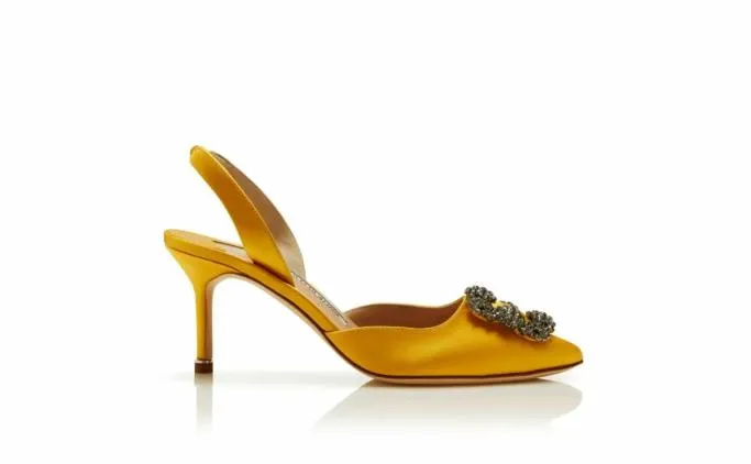 Pumps Women Manolo Blahnik HANGISLIYellow Satin Jewel Buckle Slingback Pumps