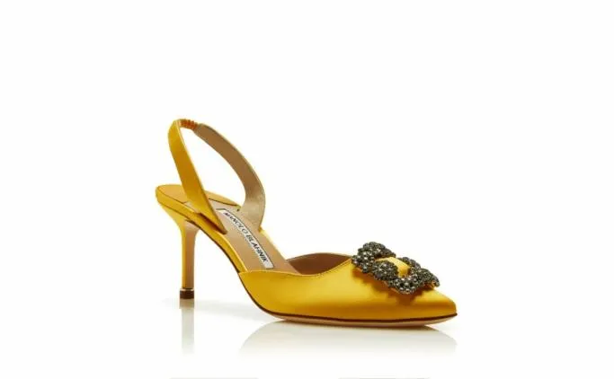 Pumps Women Manolo Blahnik HANGISLIYellow Satin Jewel Buckle Slingback Pumps