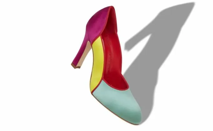 Pumps Women Manolo Blahnik TRIONANTeal Yellow And Pink Satin Scalloped Pumps
