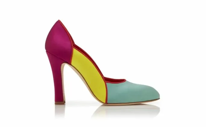 Pumps Women Manolo Blahnik TRIONANTeal Yellow And Pink Satin Scalloped Pumps Pumps Women Manolo Blahnik TRIONANTeal Yellow And Pink Satin Scalloped Pumps