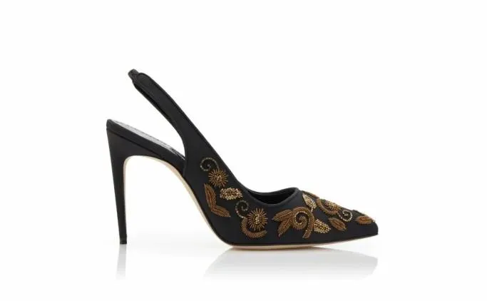 Pumps Women Manolo Blahnik WILFREDABlack And Gold Crepe De Chine Slingback Pumps