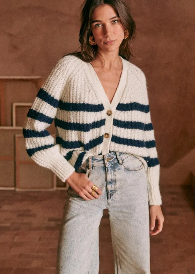 Szane Knitwear Womens Basile Cardigan Ecru Navy