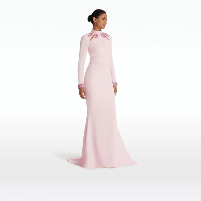 Safiyaa Kamala Pale Pink and Curled Leaf Embroidery Long Dress Women Dresses
