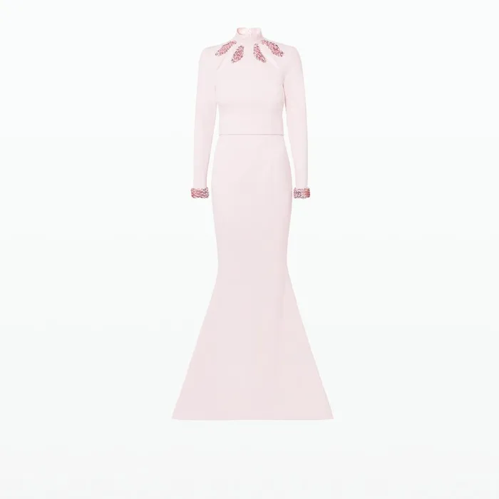 Safiyaa Kamala Pale Pink and Curled Leaf Embroidery Long Dress Women Dresses