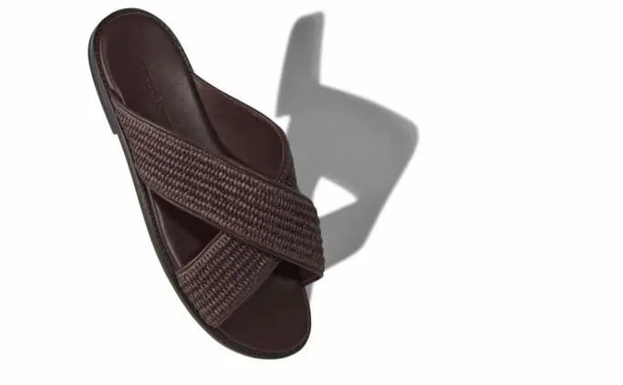 Sandals Men Manolo Blahnik OTAWIMahogany Brown Raffia Crossover Sandals