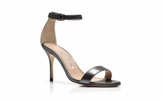 Sandals Women Manolo Blahnik CHAOSSilver Nappa Leather Ankle Strap Sandals