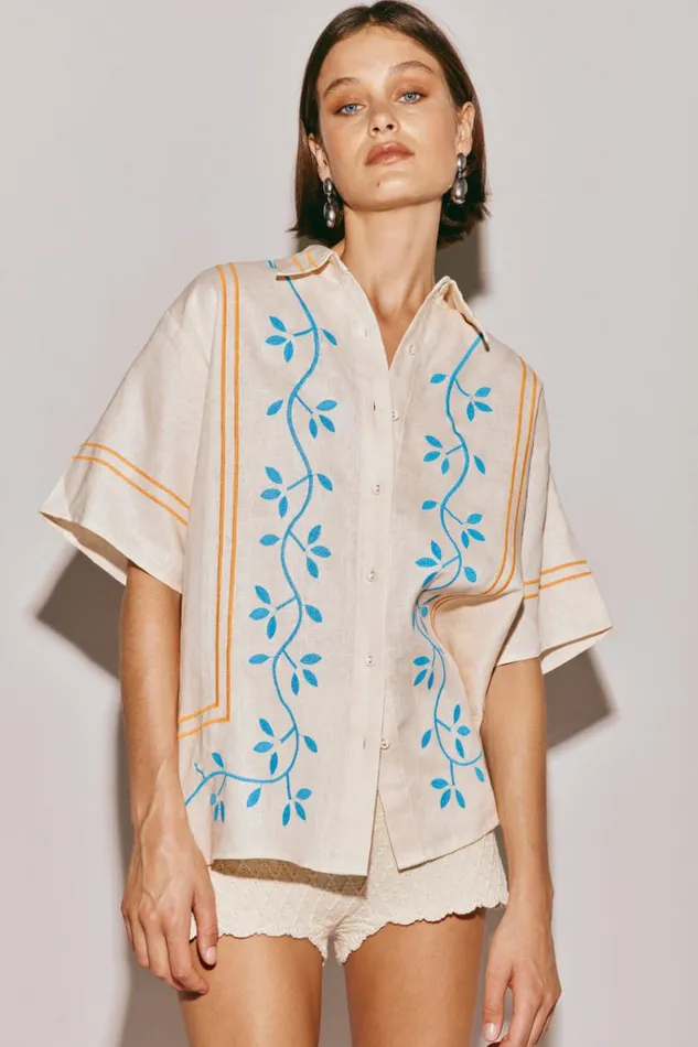 Shirts Women VRG GRL Sunsets In Capri Linen Shirt Natural