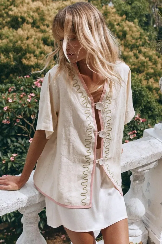 Short Sleeve Women VRG GRL Cultivate Linen Shirt Swirl