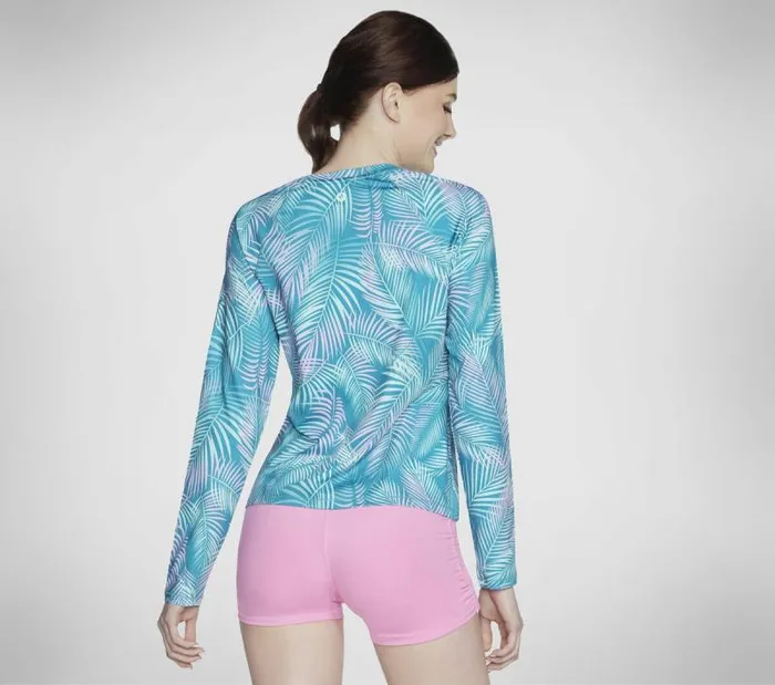 Skechers GO DRI Pacific Palms Long Sleeve Crew Blue Neon Pink Women Tops Skechers GO DRI Pacific Palms Long Sleeve Crew Blue Neon Pink Women Tops