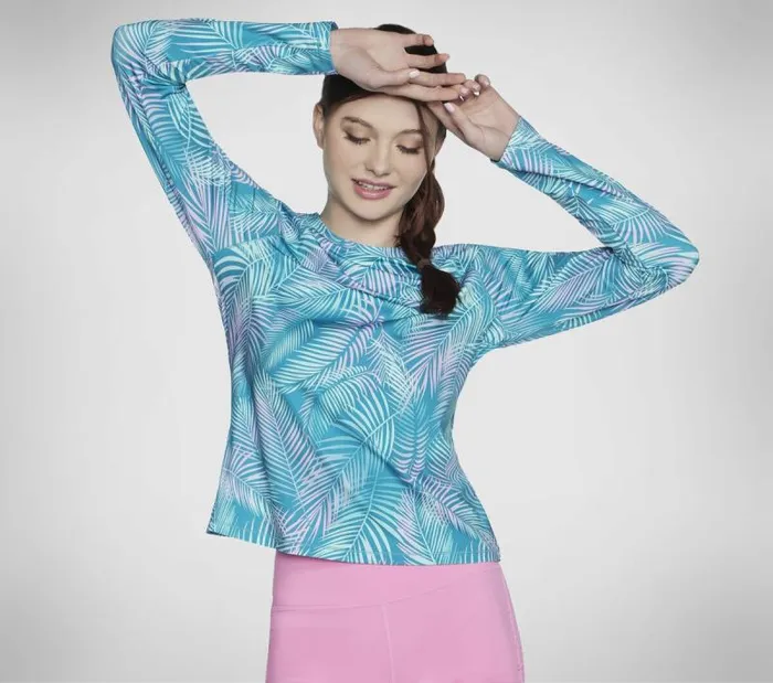 Skechers GO DRI Pacific Palms Long Sleeve Crew Blue Neon Pink Women Tops Skechers GO DRI Pacific Palms Long Sleeve Crew Blue Neon Pink Women Tops