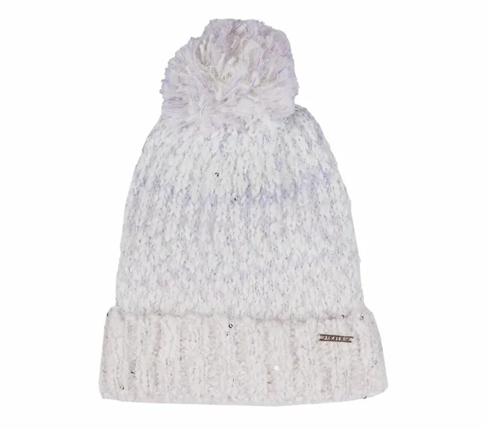 Skechers Slub Knit Ivory PomPom Beanie Off White WomenMen Cold Weather Gear
