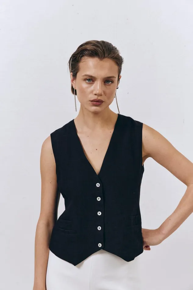 Sleeveless Women VRG GRL Italian Streets Linen Vest Black