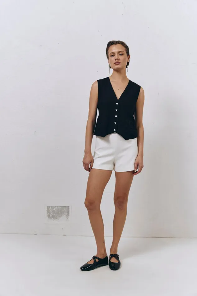 Sleeveless Women VRG GRL Italian Streets Linen Vest Black Sleeveless Women VRG GRL Italian Streets Linen Vest Black