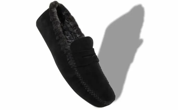 Slippers Men Manolo Blahnik KENSINGTONBlack Suede Shearling Lined Loafers