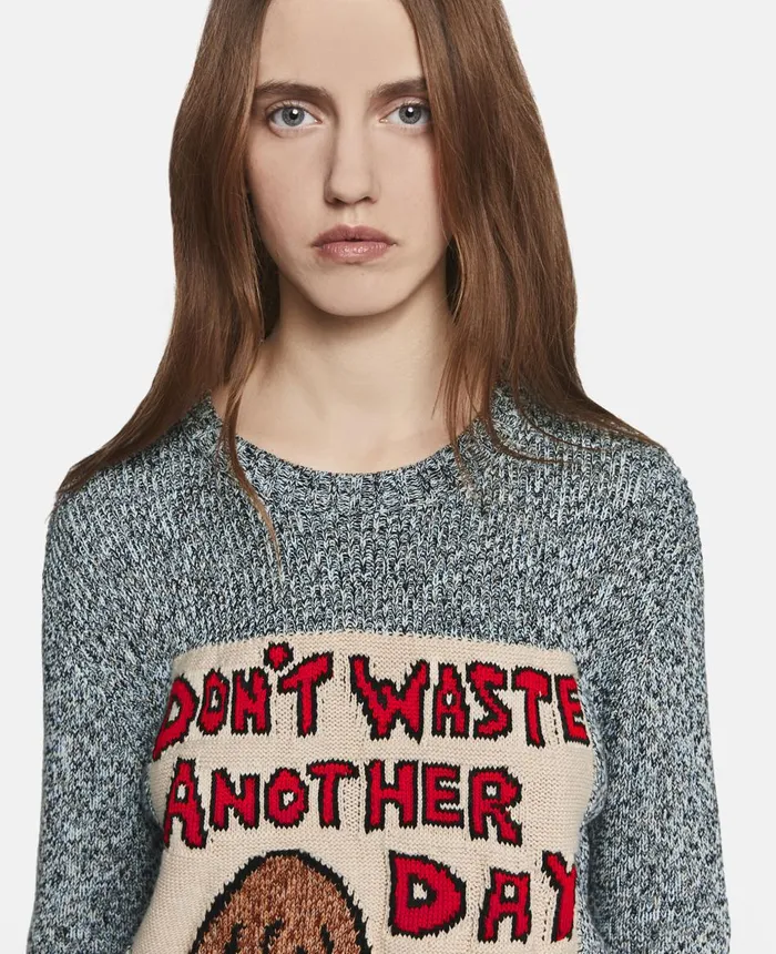 Stella McCartney 039Don039t Waste Another Day039 Slogan Cotton Knit Jumper Bluewhite WomenMen Sweatshirts Stella McCartney 039Don039t Waste Another Day039 Slogan Cotton Knit Jumper Bluewhite WomenMen Sweatshirts