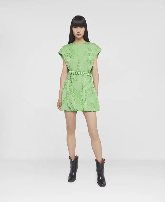Stella McCartney Falabella Print Silk Jacquard Mini Dress Bright Green Women Dresses Stella McCartney Falabella Print Silk Jacquard Mini Dress Bright Green Women Dresses