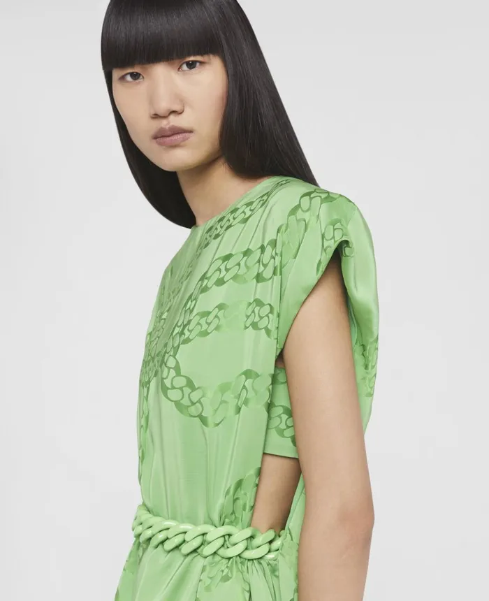 Stella McCartney Falabella Print Silk Jacquard Mini Dress Bright Green Women Dresses Stella McCartney Falabella Print Silk Jacquard Mini Dress Bright Green Women Dresses