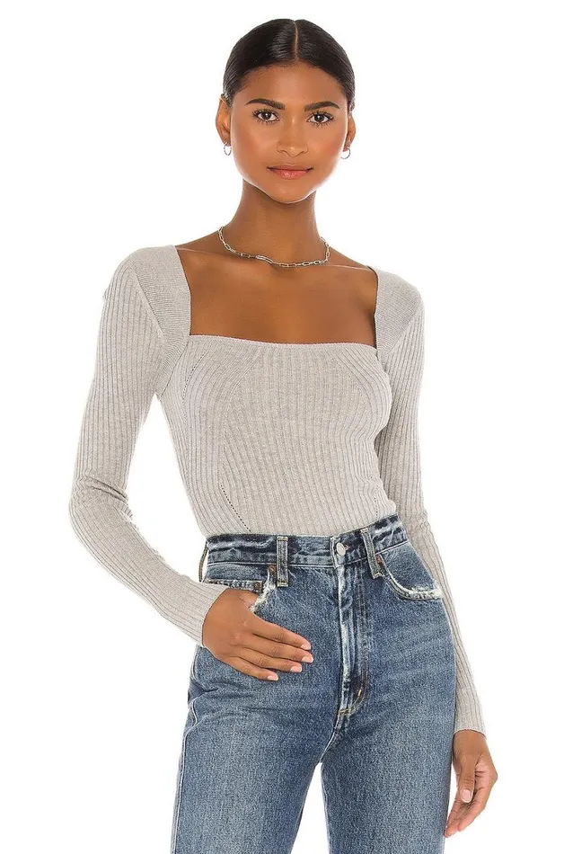 Tie Back Fitted Rib Sweater Heather Grey Women Lovers and Friends Sweaters and Knits Tie Back Fitted Rib Sweater Heather Grey Women Lovers and Friends Sweaters and Knits