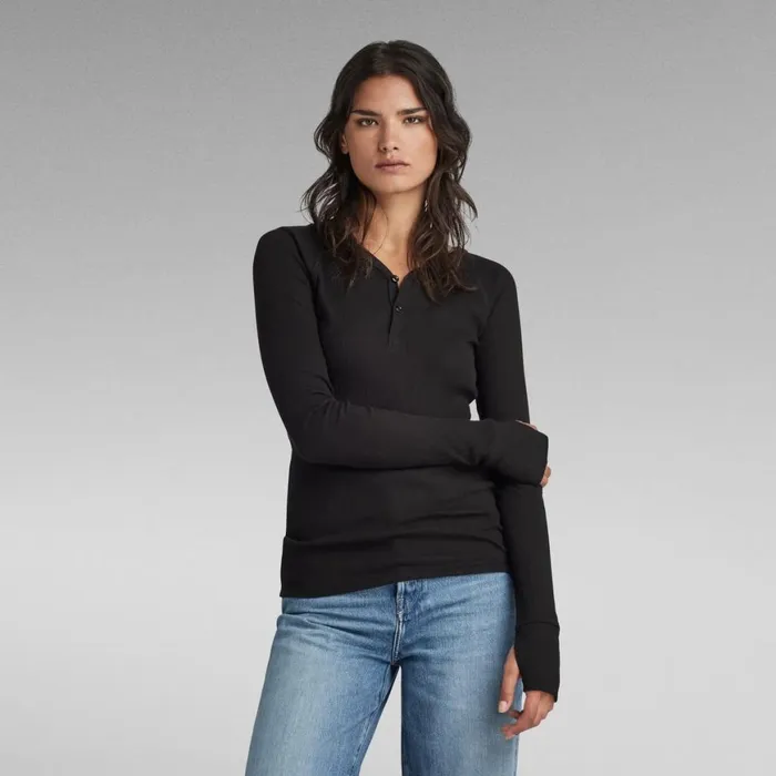 Tops and Tshirts Women GStar RAW Slim Rib Henley Top Dark Black
