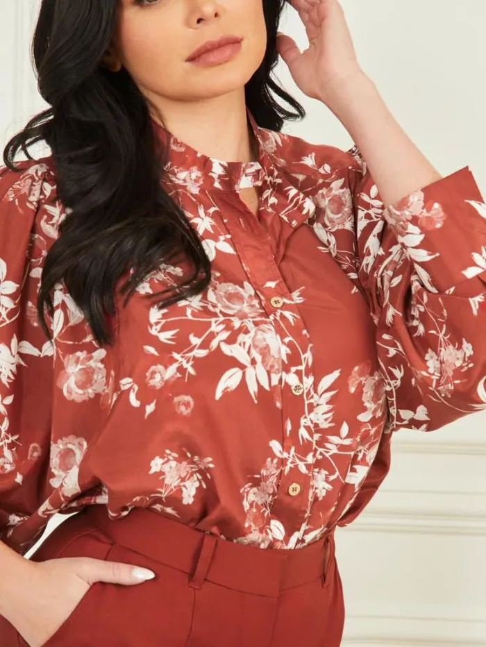 Tops And Sweaters Women Marciano Petal Pose Yvonne Blouse Petal Pose Dark Jam Red Tops And Sweaters Women Marciano Petal Pose Yvonne Blouse Petal Pose Dark Jam Red