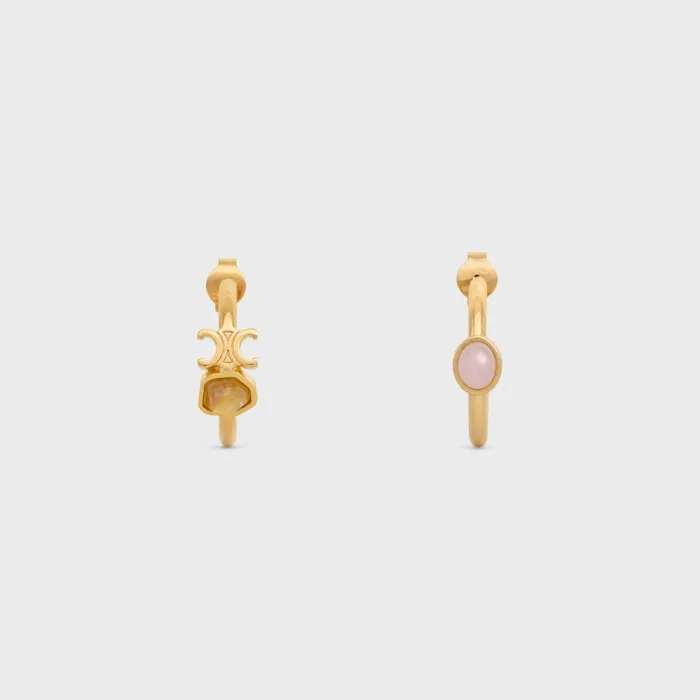 Triomphe Indie Hoops In Brass With Gold Finish Rutilated Quartz And Pink Quartz Gold Quartz Rutile Pink Qu Women CELINE TRIOMPHE Triomphe Indie Hoops In Brass With Gold Finish Rutilated Quartz And Pink Quartz Gold Quartz Rutile Pink Qu Women CELINE TRIOMPHE
