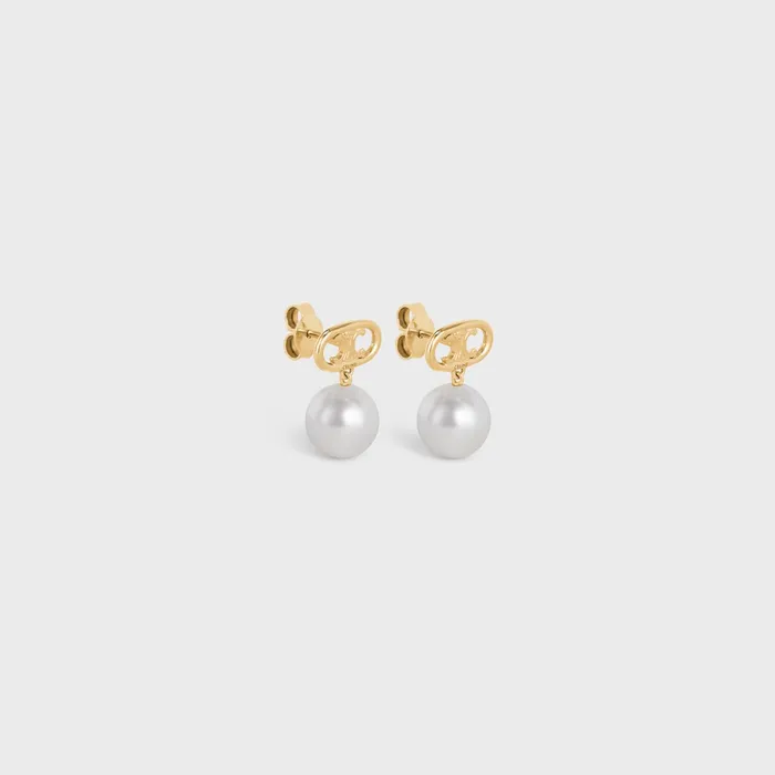 Triomphe Pearl Earrings In Brass With Gold Finish And Glass Pearls Gold Ivory Women CELINE EARRINGS Triomphe Pearl Earrings In Brass With Gold Finish And Glass Pearls Gold Ivory Women CELINE EARRINGS