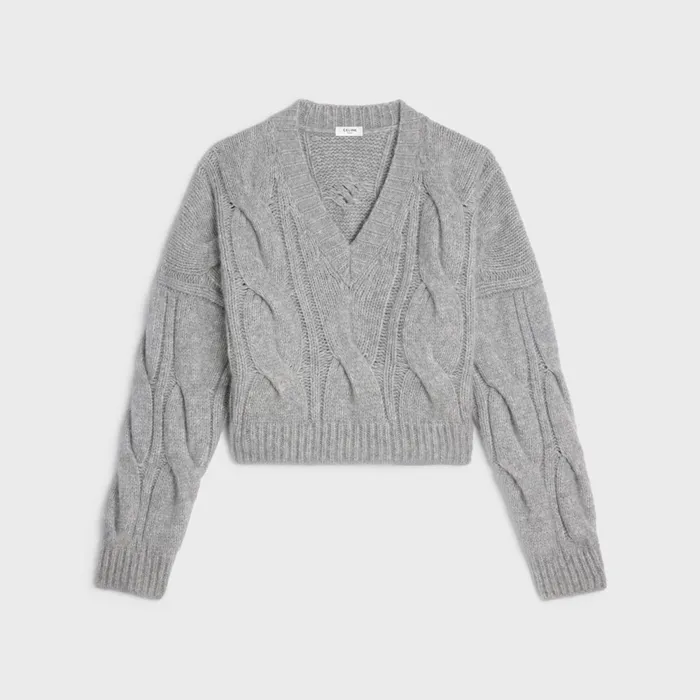 VNeck Sweater In CableKnit Cashmere And Silk Light Grey Women CELINE KNITWEAR VNeck Sweater In CableKnit Cashmere And Silk Light Grey Women CELINE KNITWEAR