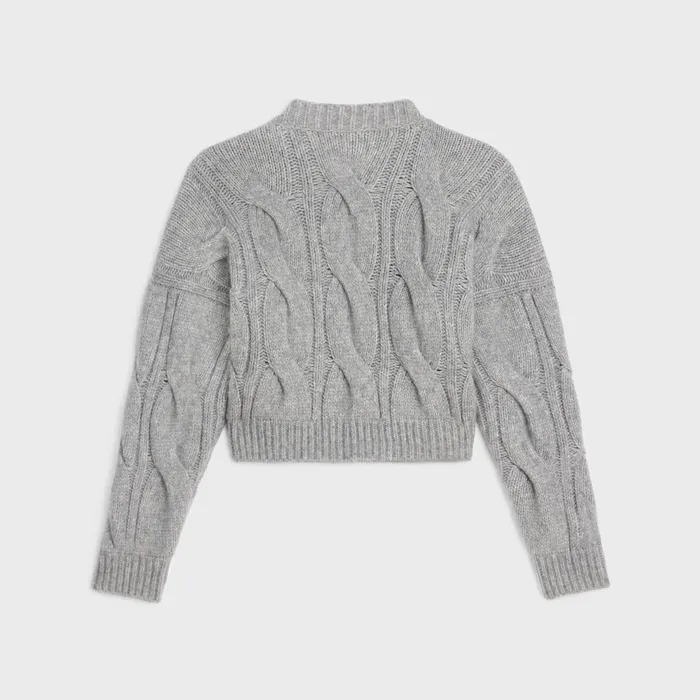 VNeck Sweater In CableKnit Cashmere And Silk Light Grey Women CELINE KNITWEAR