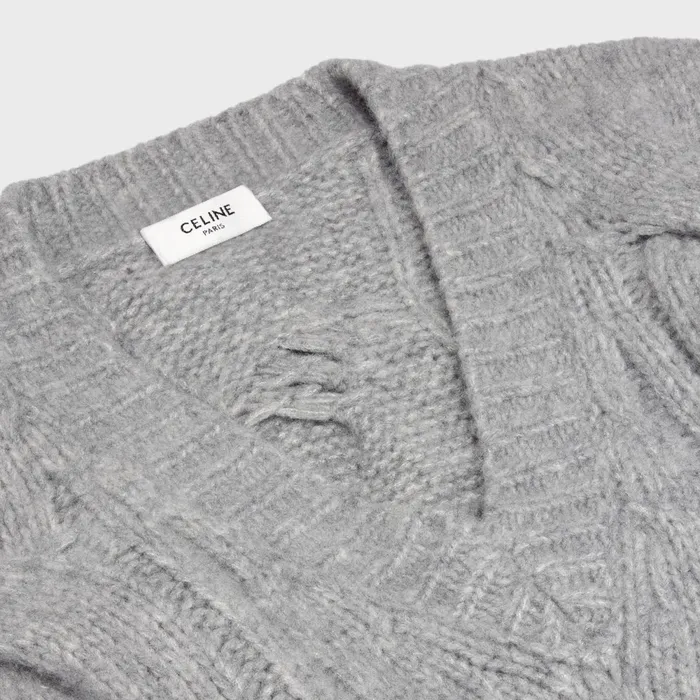 VNeck Sweater In CableKnit Cashmere And Silk Light Grey Women CELINE KNITWEAR