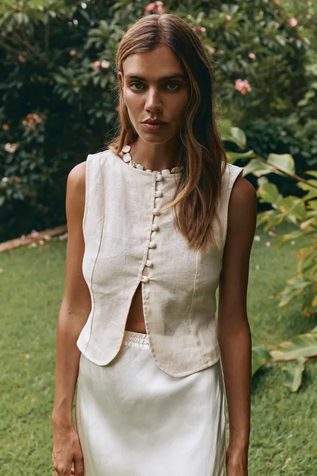Vests Women VRG GRL Celeste Linen Top Cream Vests Women VRG GRL Celeste Linen Top Cream