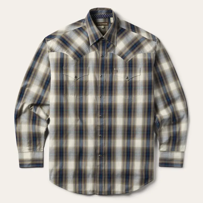 Western Shirts Men Stetson Ranch Plaid Dobby Western Shirt Brown