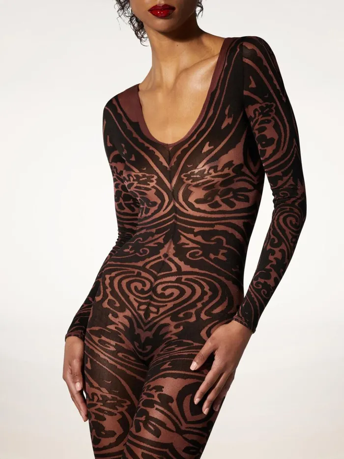 Wolford Paisley Tattoo Catsuit Chocolateblack Women Trousers and Jumpsuits