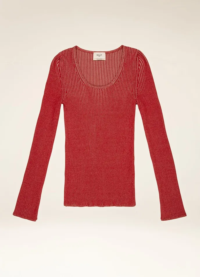 Women Bally Knitwear Ribbed Sweater 8211 Silk and Cotton Sweater In Red and Pink