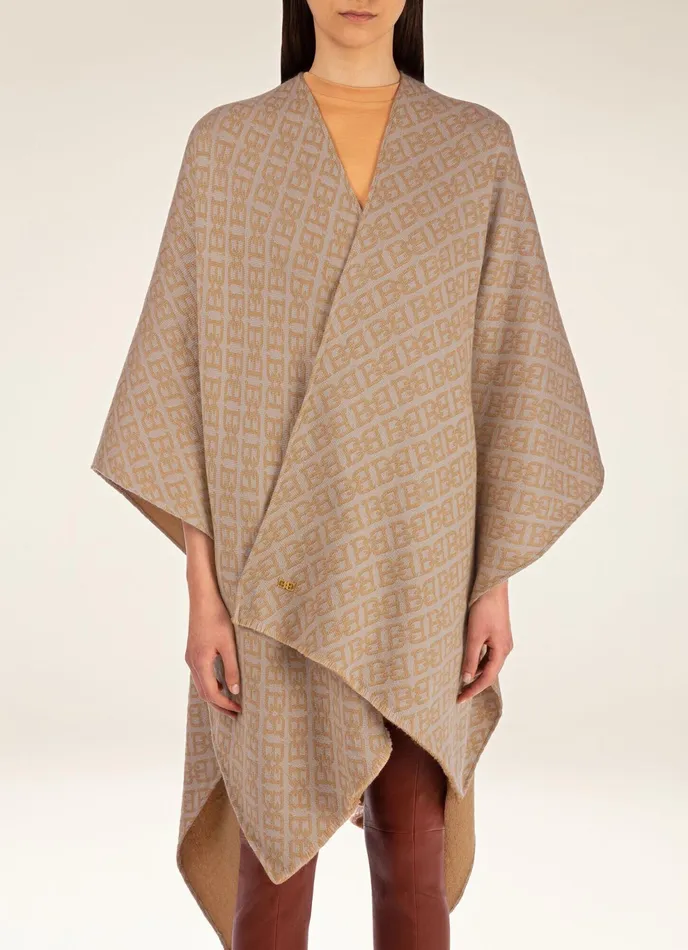 Women Bally Scarves BChain Poncho 8211 Virgin Wool Accessory In Camel and Blush Pink