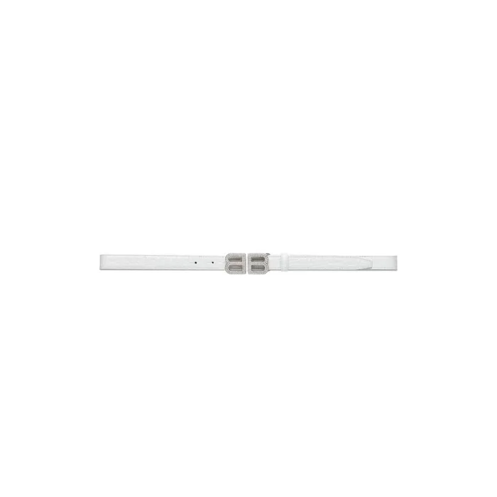 Women Belts Balenciaga Bb Hourglass Thin Belt Crocodile Embossed With Rhinestones In Optic White