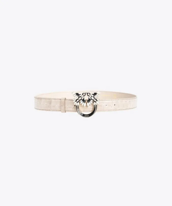 Women Belts Pinko PINKO Galleria 3cm Shiny Crocprint Belt With Love Birds Buckle Sandlightgold