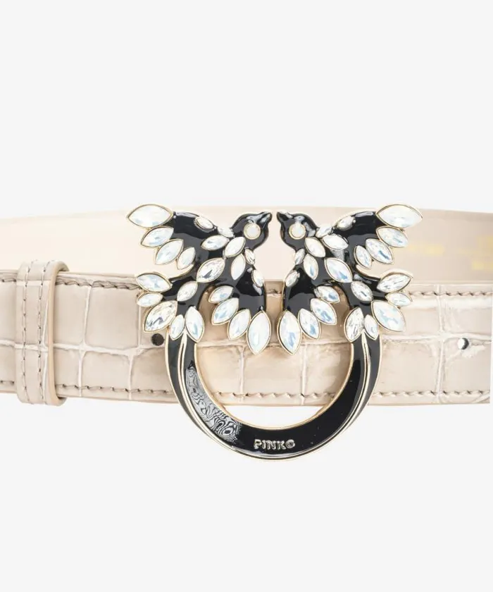 Women Belts Pinko PINKO Galleria 3cm Shiny Crocprint Belt With Love Birds Buckle Sandlightgold Women Belts Pinko PINKO Galleria 3cm Shiny Crocprint Belt With Love Birds Buckle Sandlightgold