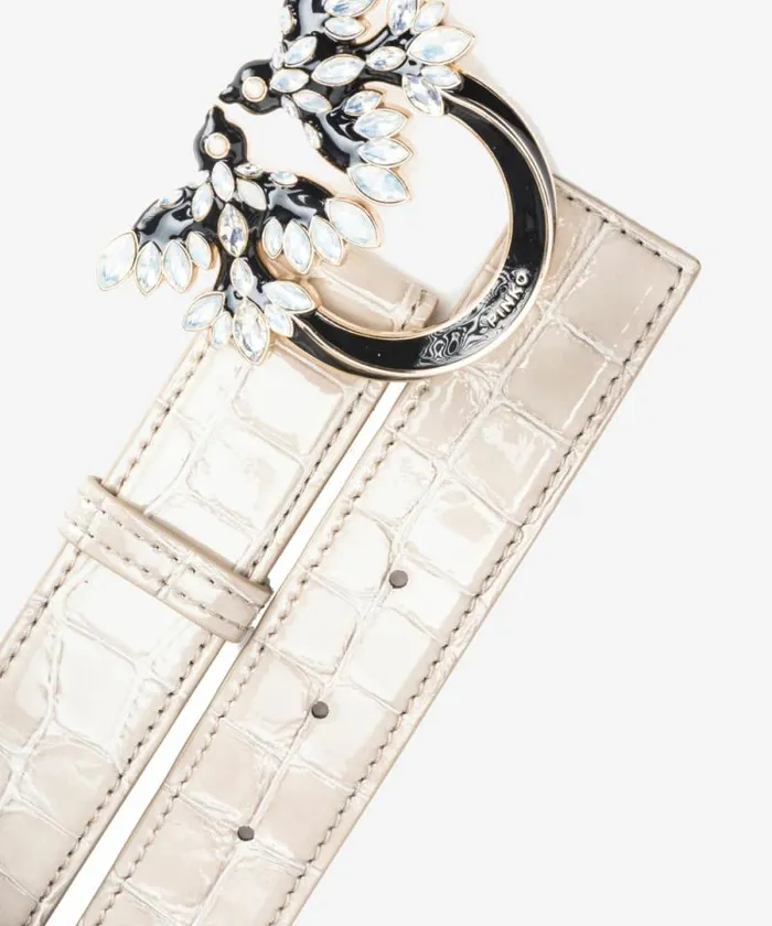 Women Belts Pinko PINKO Galleria 3cm Shiny Crocprint Belt With Love Birds Buckle Sandlightgold Women Belts Pinko PINKO Galleria 3cm Shiny Crocprint Belt With Love Birds Buckle Sandlightgold