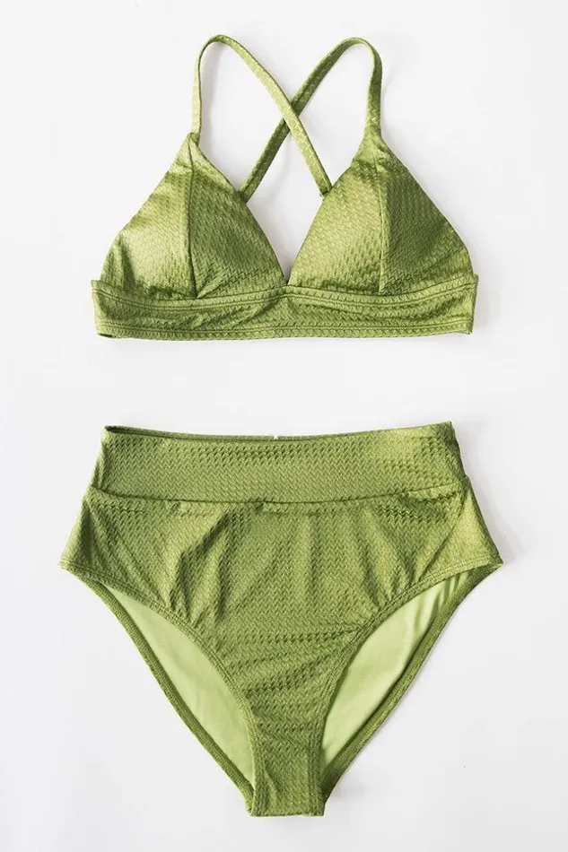 Women Bikini Bottoms Cupshe Green Textured High Waisted Bikini Bottom Green
