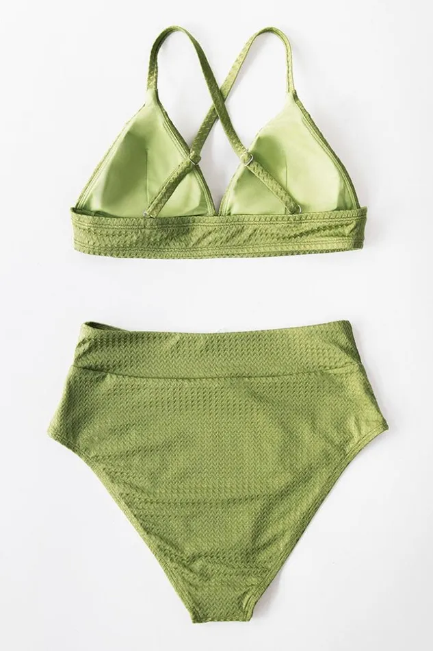 Women Bikini Bottoms Cupshe Green Textured High Waisted Bikini Bottom Green