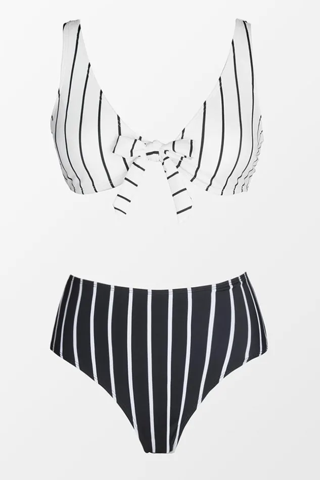 Women Bikini Sets Cupshe Fineline Stripe Tie Front Bralette And High Waist Bikini Set Blackwhite