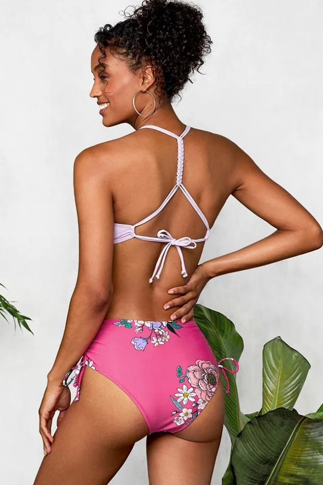 Women Bikini Sets Cupshe Light Purple And Floral Braided Back Bikini Multicolor