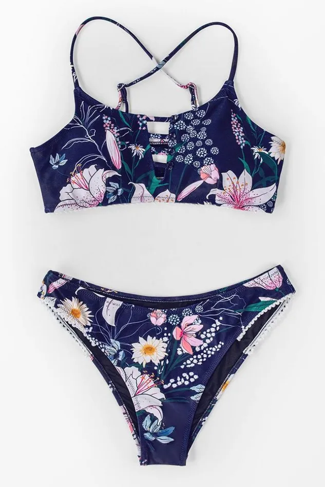 Women Bikini Sets Cupshe Navy Floral Cutout Bikini Navy