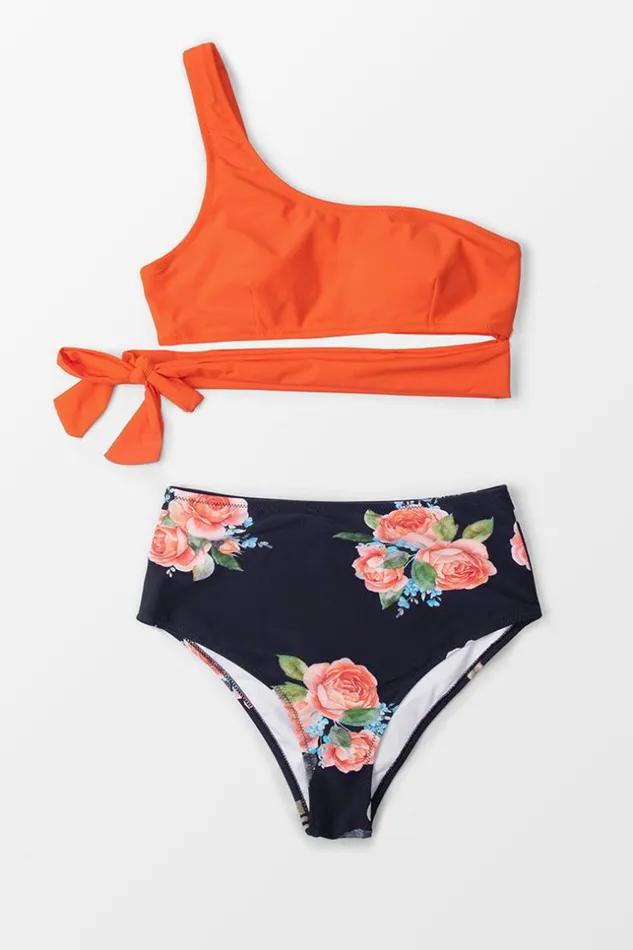 Women Bikini Sets Cupshe Orange And Floral One Shoulder Tied Bikini Orange