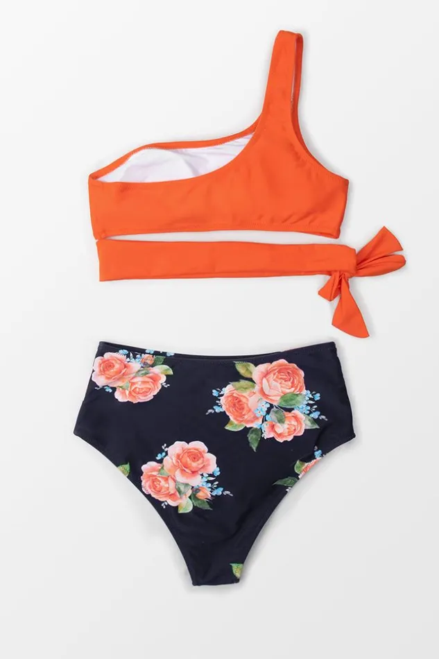 Women Bikini Sets Cupshe Orange And Floral One Shoulder Tied Bikini Orange