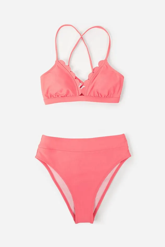 Women Bikini Sets Cupshe Paluma Scalloped Bralette And Banded High Waist Bikini Set Coral