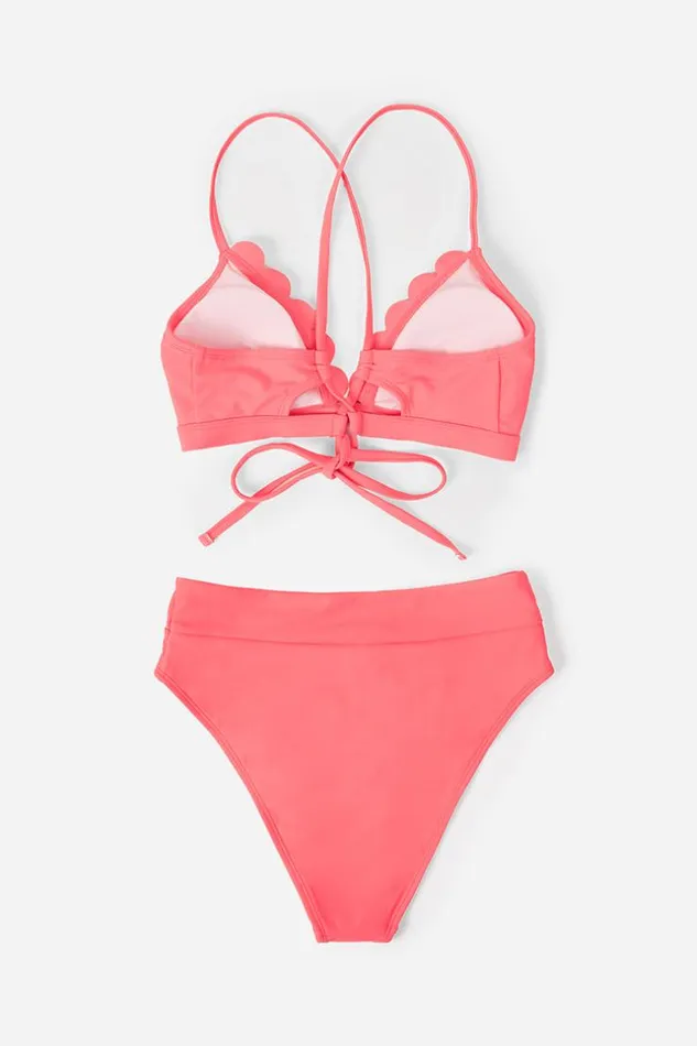 Women Bikini Sets Cupshe Paluma Scalloped Bralette And Banded High Waist Bikini Set Coral
