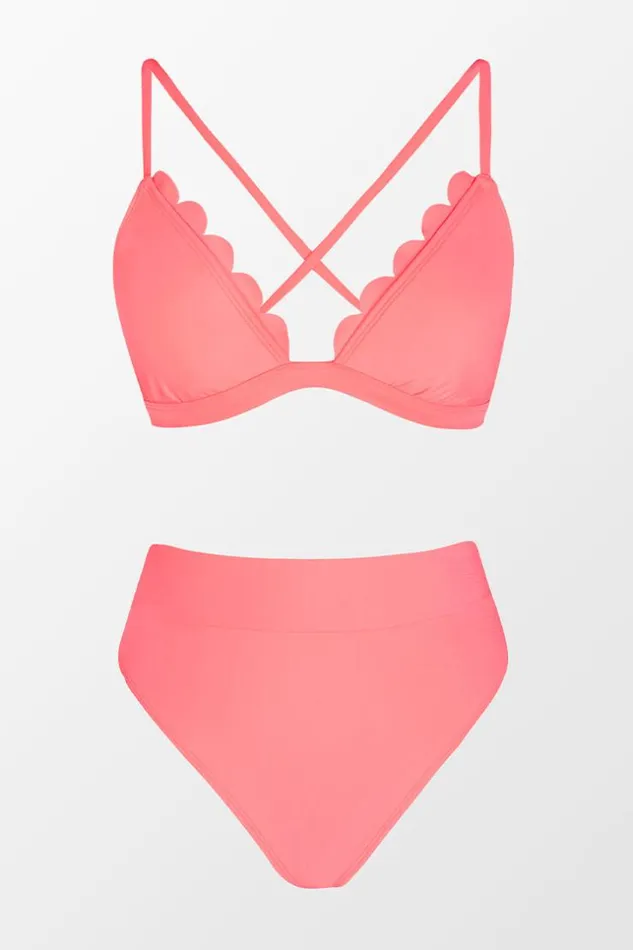 Women Bikini Sets Cupshe Paluma Scalloped Bralette And Banded High Waist Bikini Set Coral