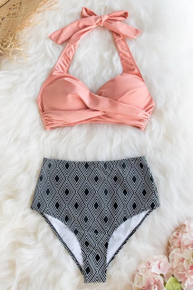 Women Bikini Sets Cupshe Pink Twisted Halter Bikini With Geometric Print High Waisted Bottom Multicolor